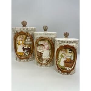 Vintage 1978 Sears Roebuck Pioneer Woman Ceramic 3 Pc Canister Set